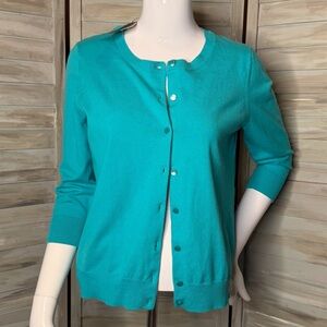 Talbots knit cardigan turquoise aqua blue NWT Medium Petite  Pima Cotton blend